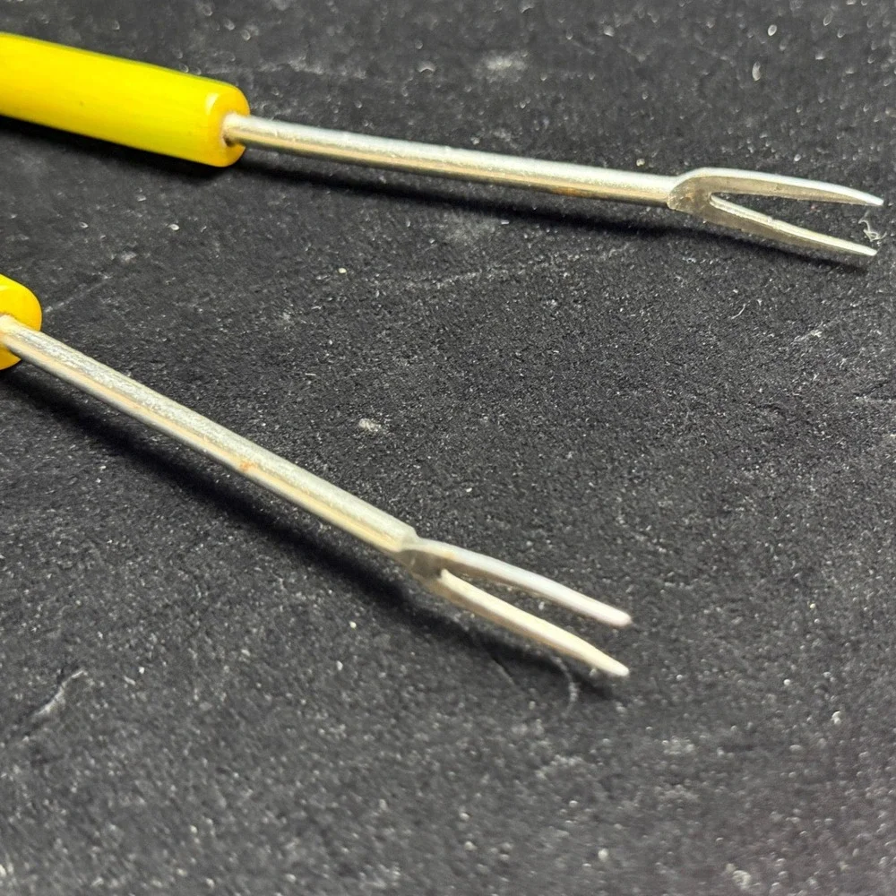 Vintage Ekco Stainless Pickle Fork, Yellow Spring Wire Tongs, Ice tongs, 3pc Set